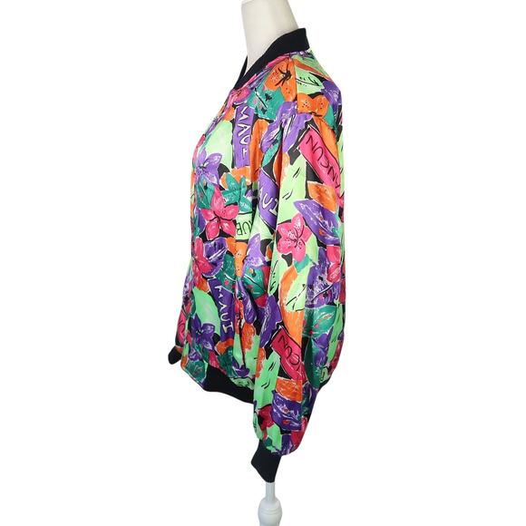 Vintage 80s/90s Stefano Tropical Floral Island Print Satin Bomber Jacket M - Picture 3 of 6